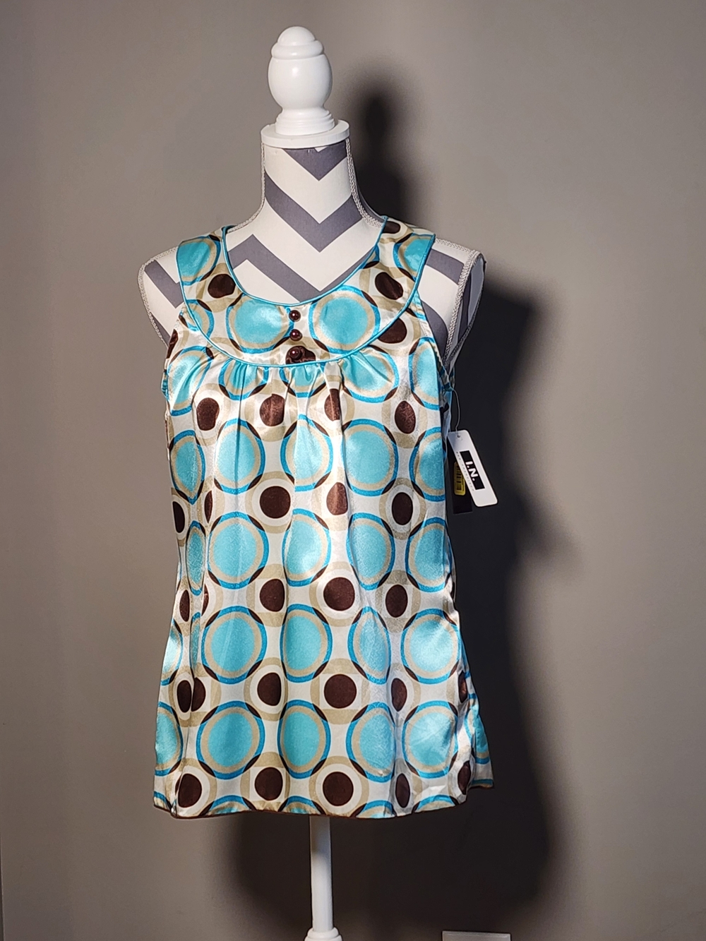 I.N. San Francisco Aqua and Brown Circle-Print Satin Camisole
